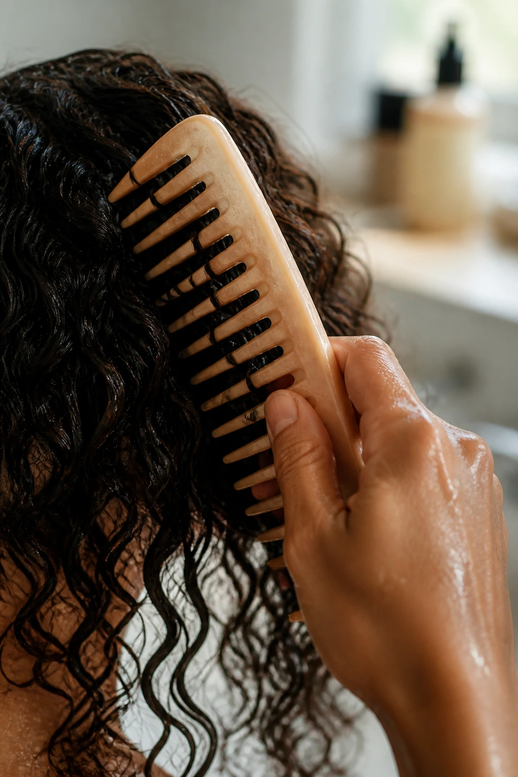 Hand holding a wide-tooth comb detangling damp curls in a real setting
