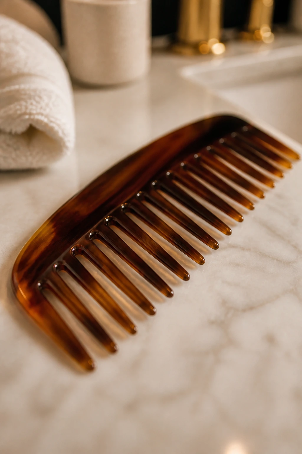 Macro close-up of wide-tooth comb on bathroom counter