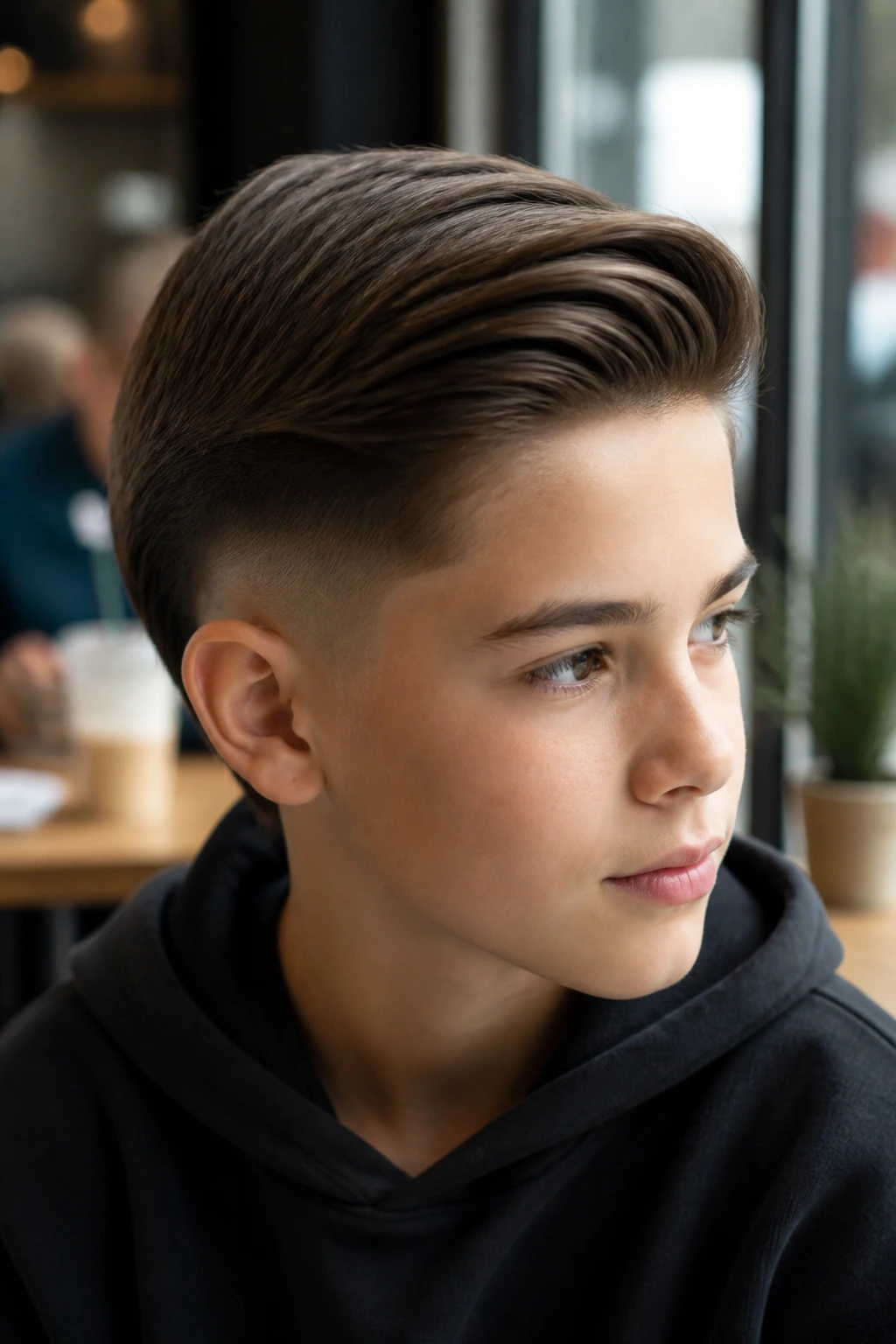 Close-up of a real boy with a soft comb-over and burst fade in ambient light