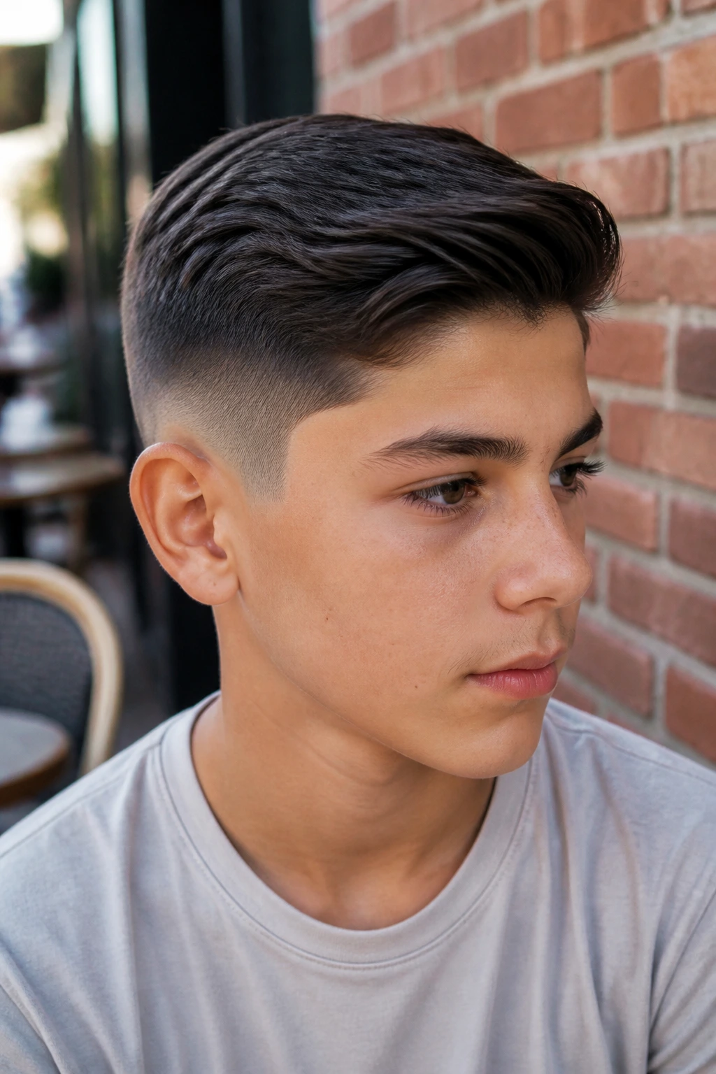 Portrait of a boy with a loose comb-over fade and natural side sweep