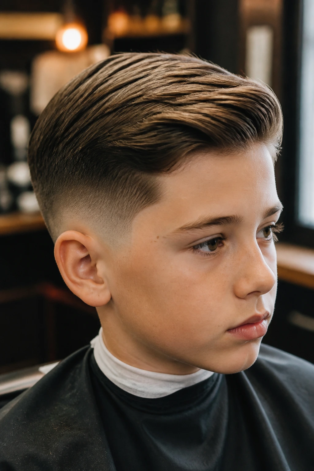 Boy with comb over and low taper fade in a barbershop.