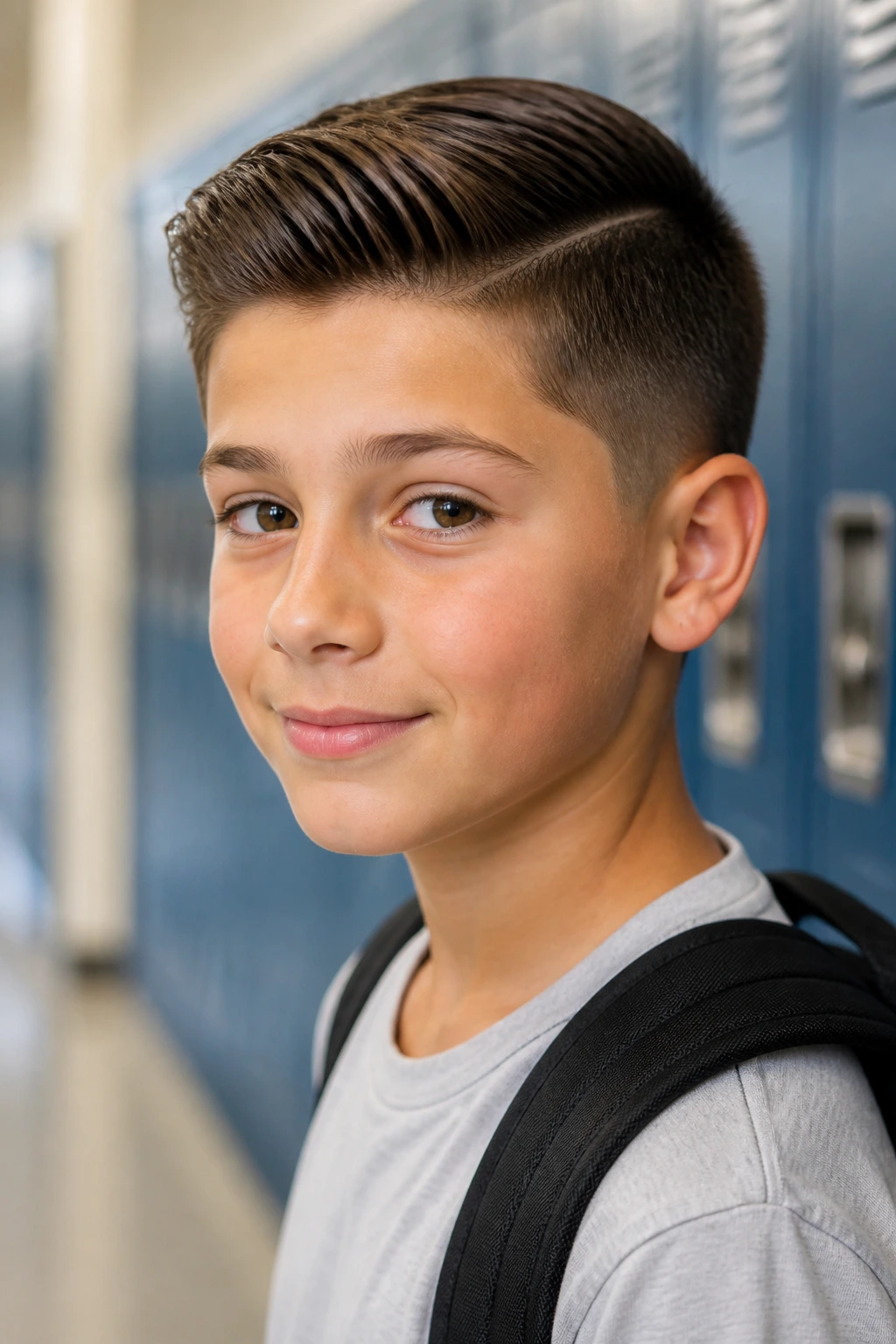 Close-up of boy with comb over and taper fade in school hallway