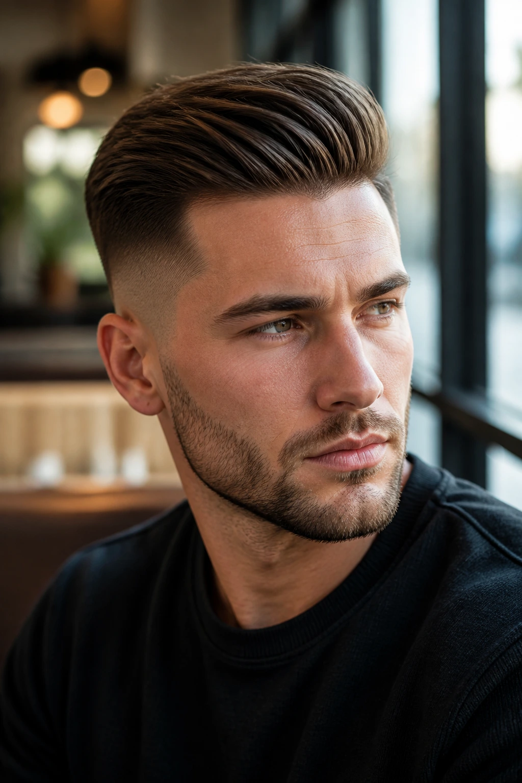 Close-up of a man with a comb over taper fade in a cafe setting.