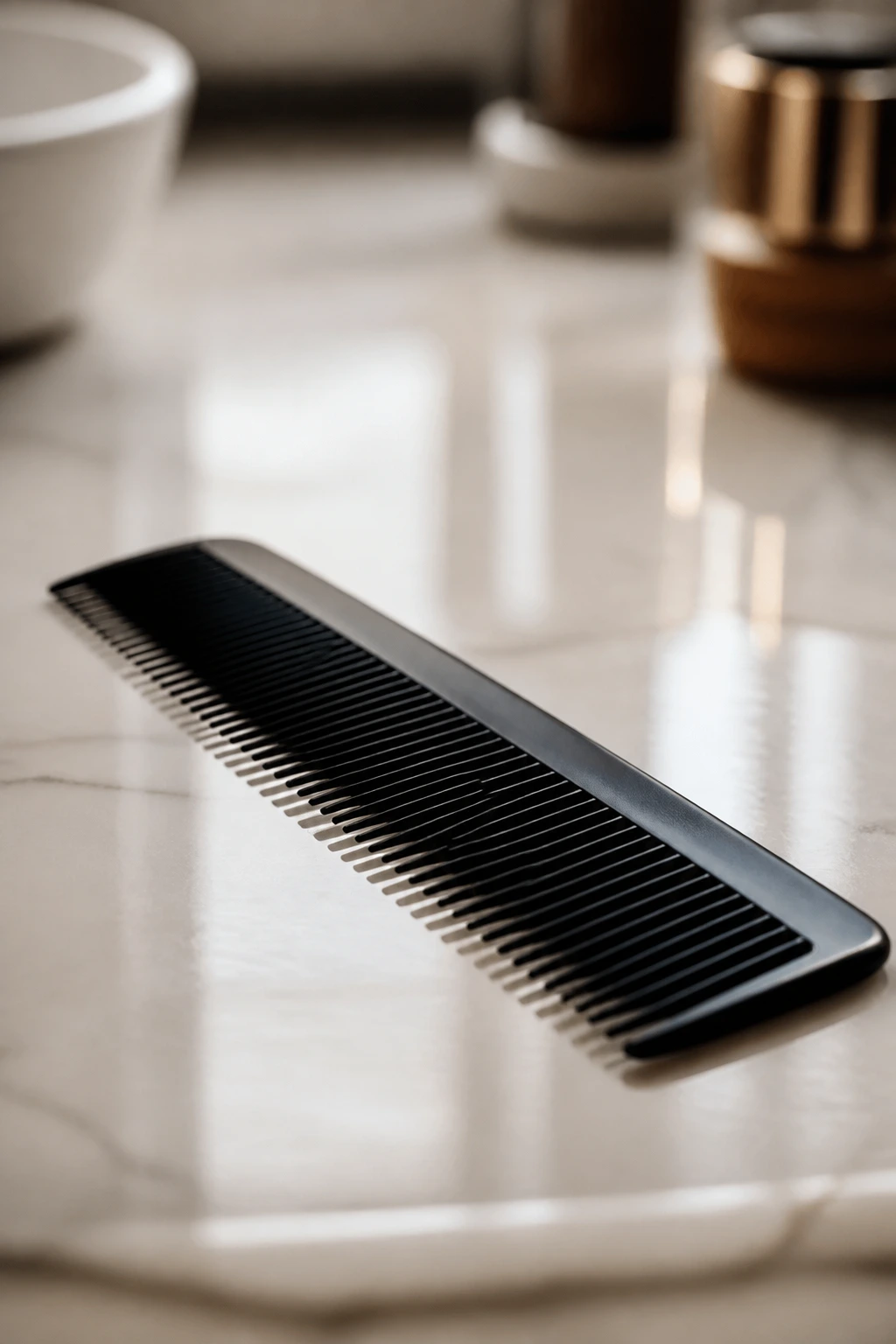 Macro close-up of a fine-tooth comb on a bathroom counter