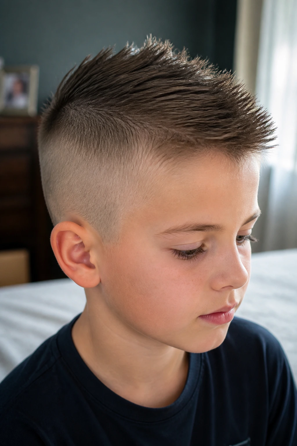 Boy with combed-forward Eurohawk showing forward ridge