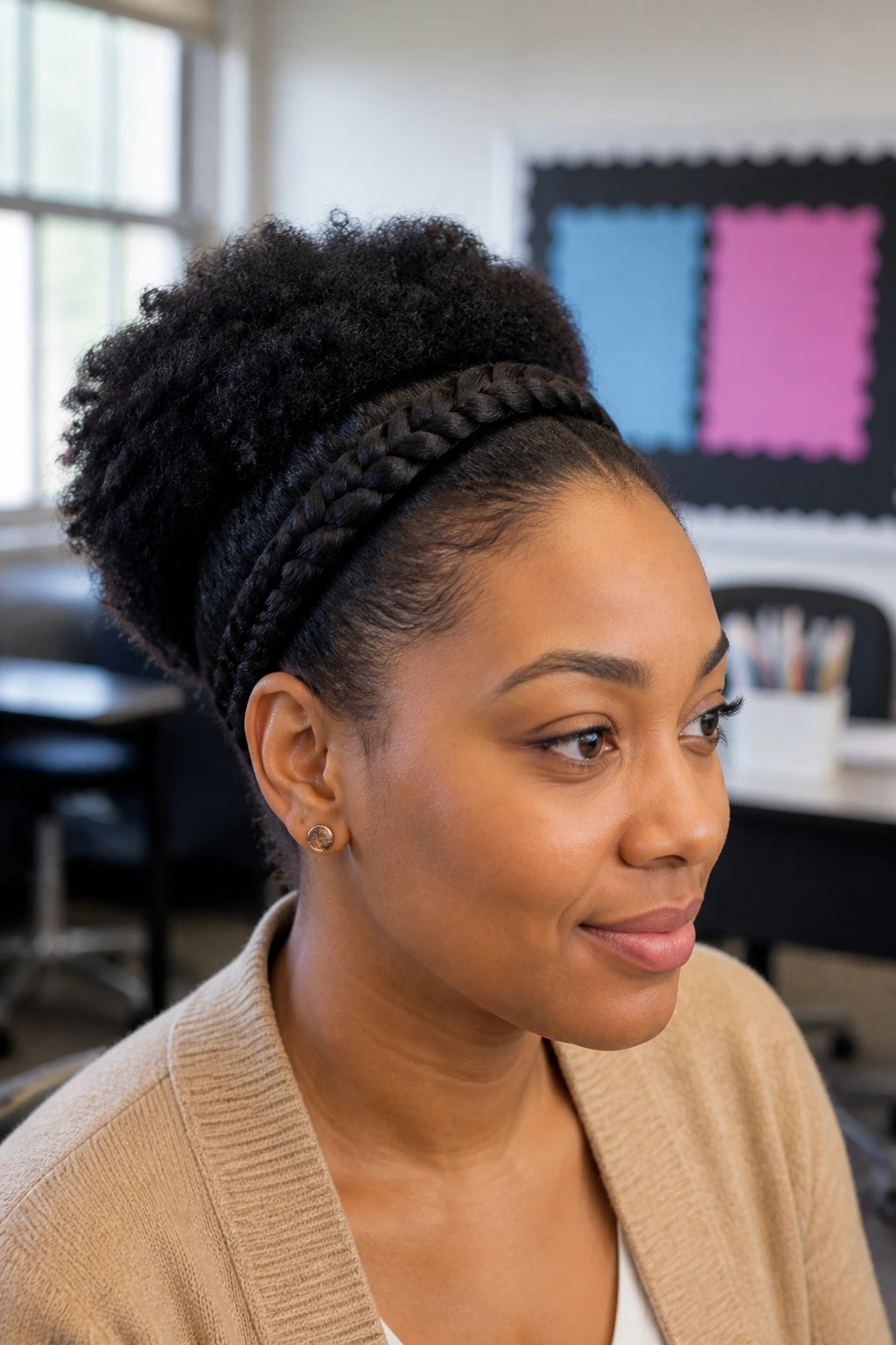 Portrait of a real person with a comfortable braided headband suitable for long days.
