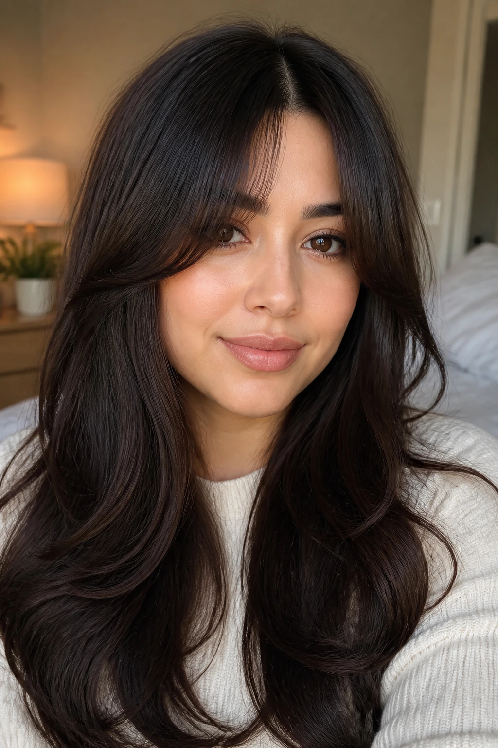 Close-up of a real woman with comma-shaped bangs turned inward