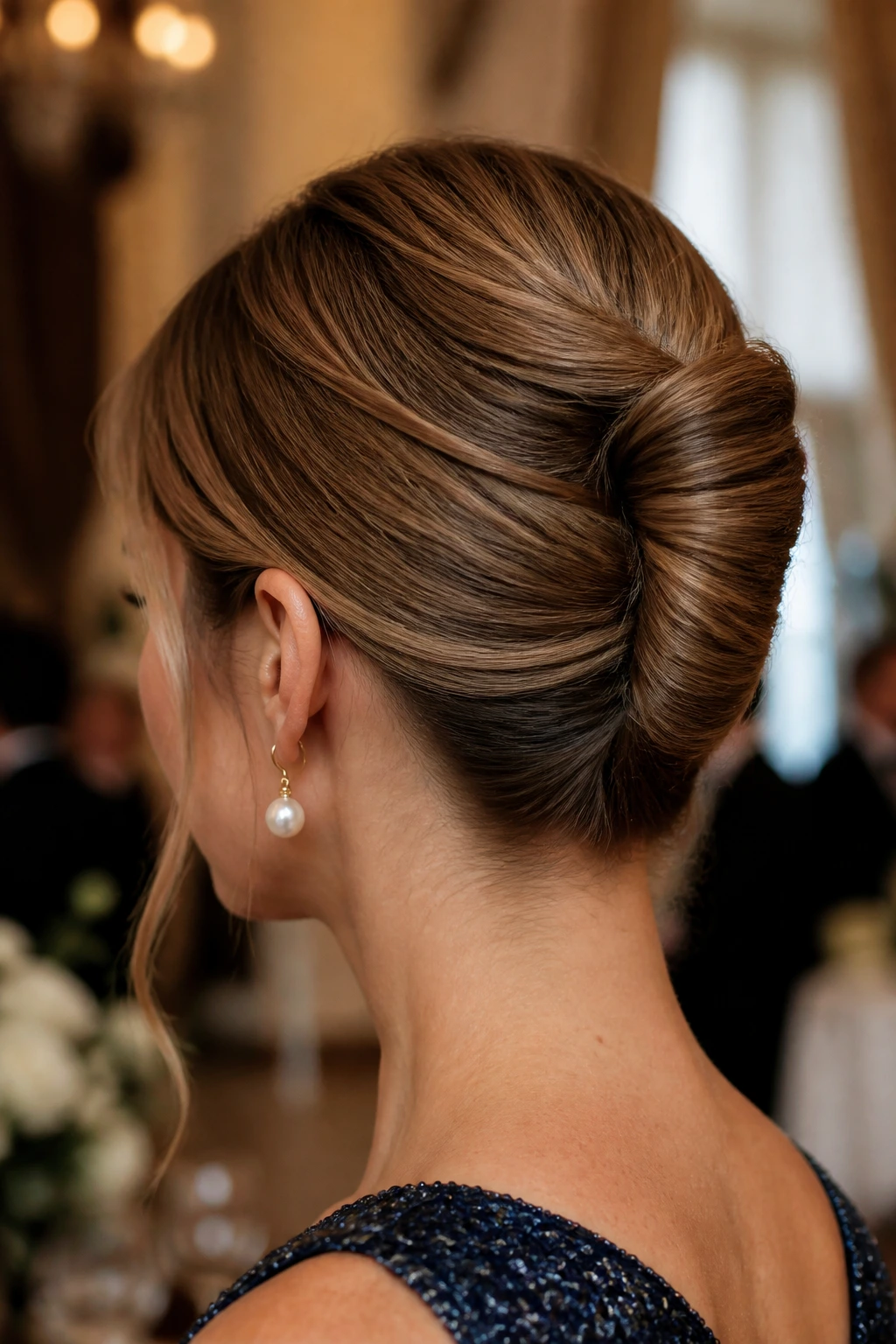 Real woman with a compact French roll at the back of the head