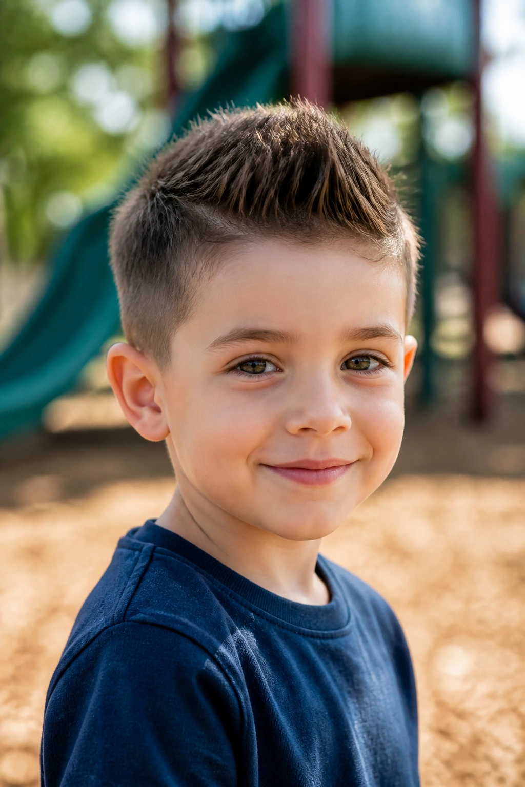 Close-up of a boy with compact mini quiff outdoors in a playground