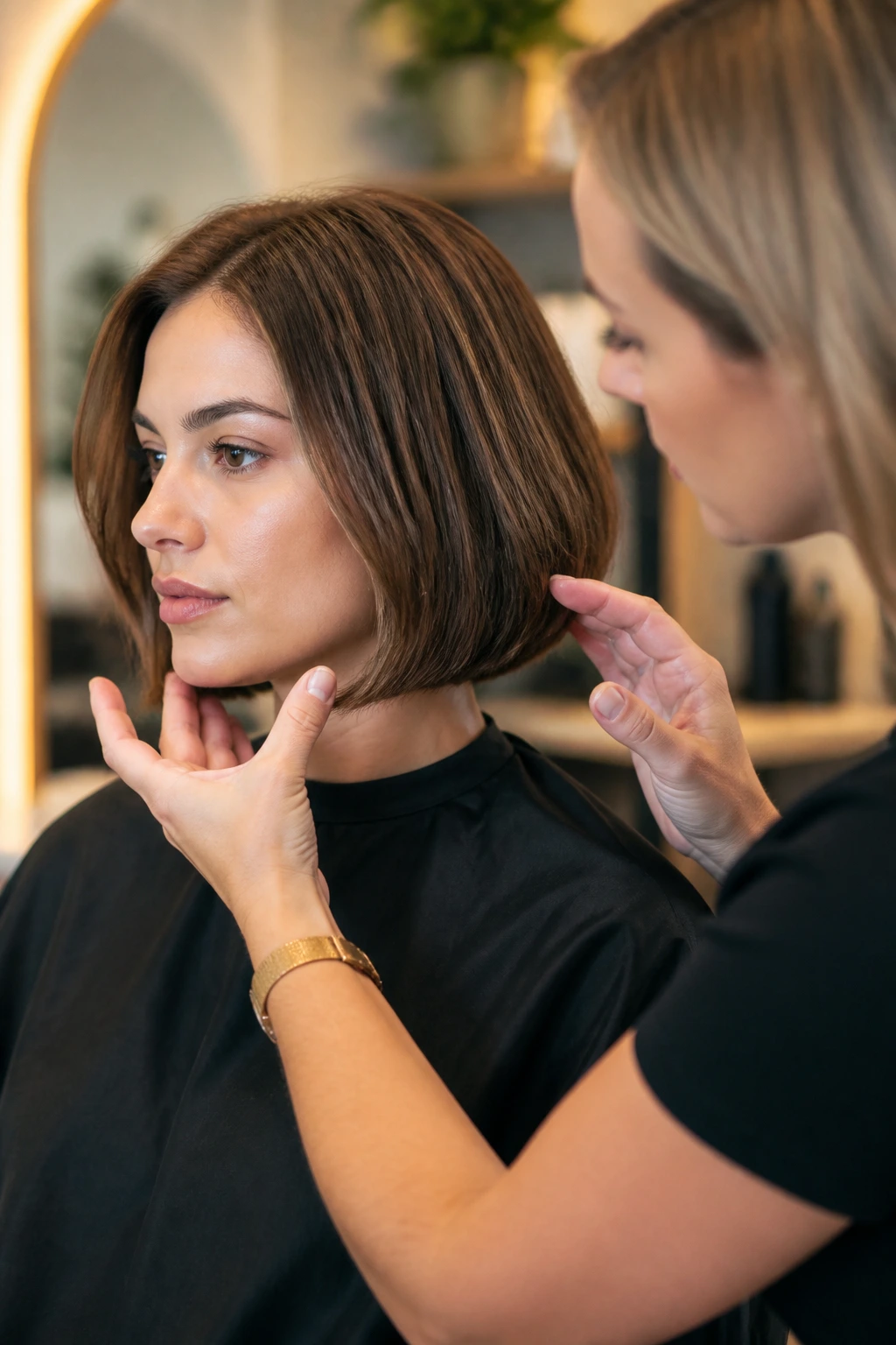 Client consulting with stylist on bob placement during a salon visit