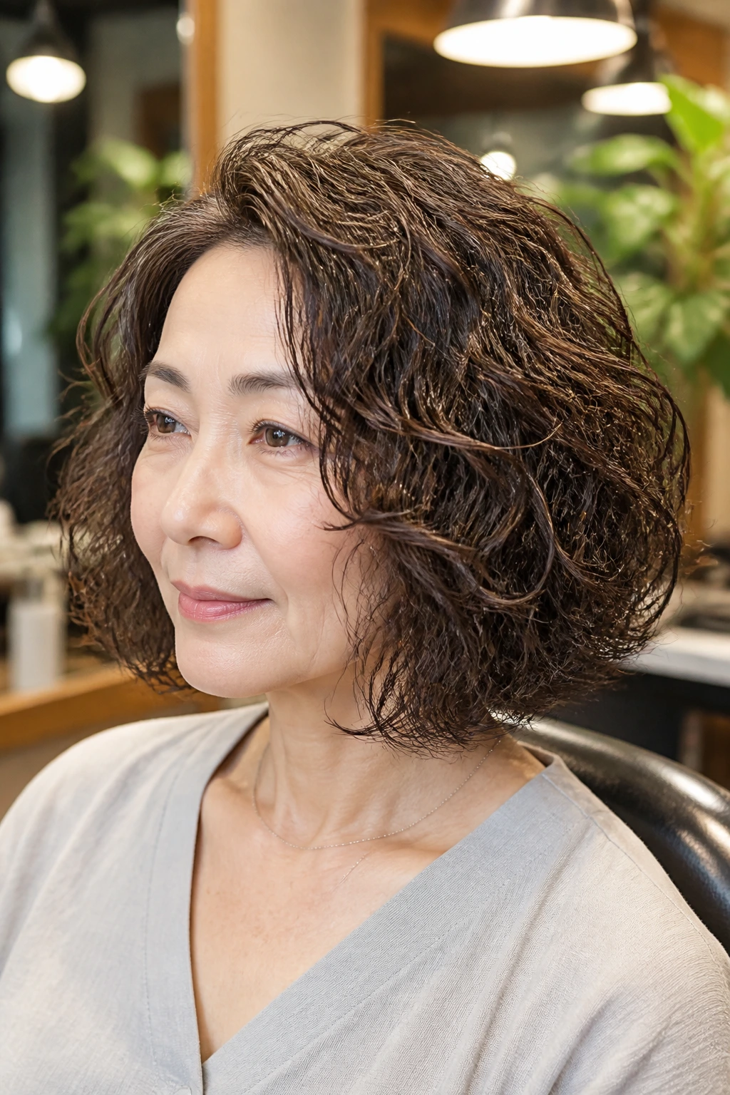 Close-up of a real woman showing a straight-edge curly lob in a salon setting