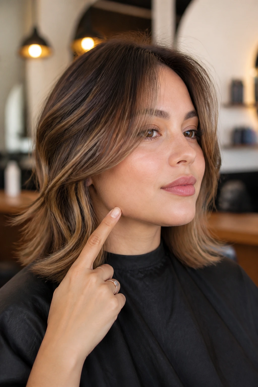 Client in salon pointing to jawline to indicate front layer placement