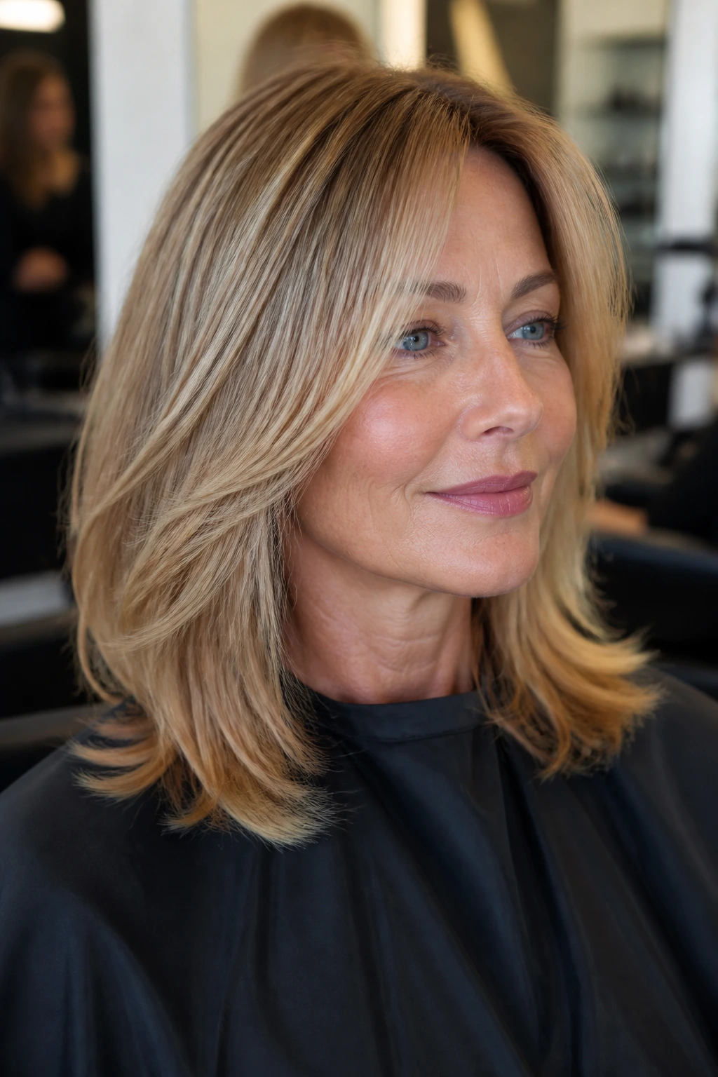 Portrait of a client with soft face-framing layers in fine hair at the salon.