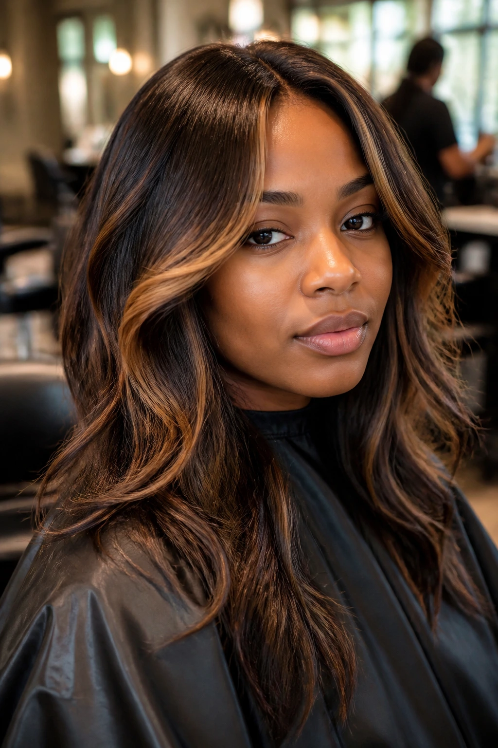 Portrait of a real person in a salon with warm brunette tones framing the face