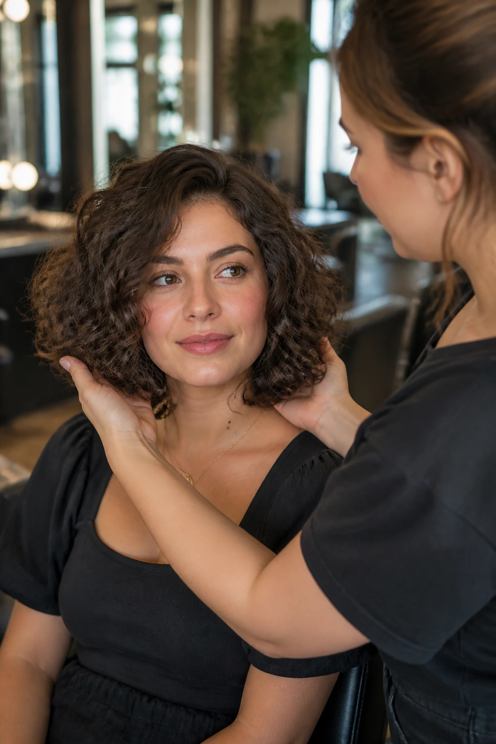 Client in a salon chair discussing haircut details with a stylist.