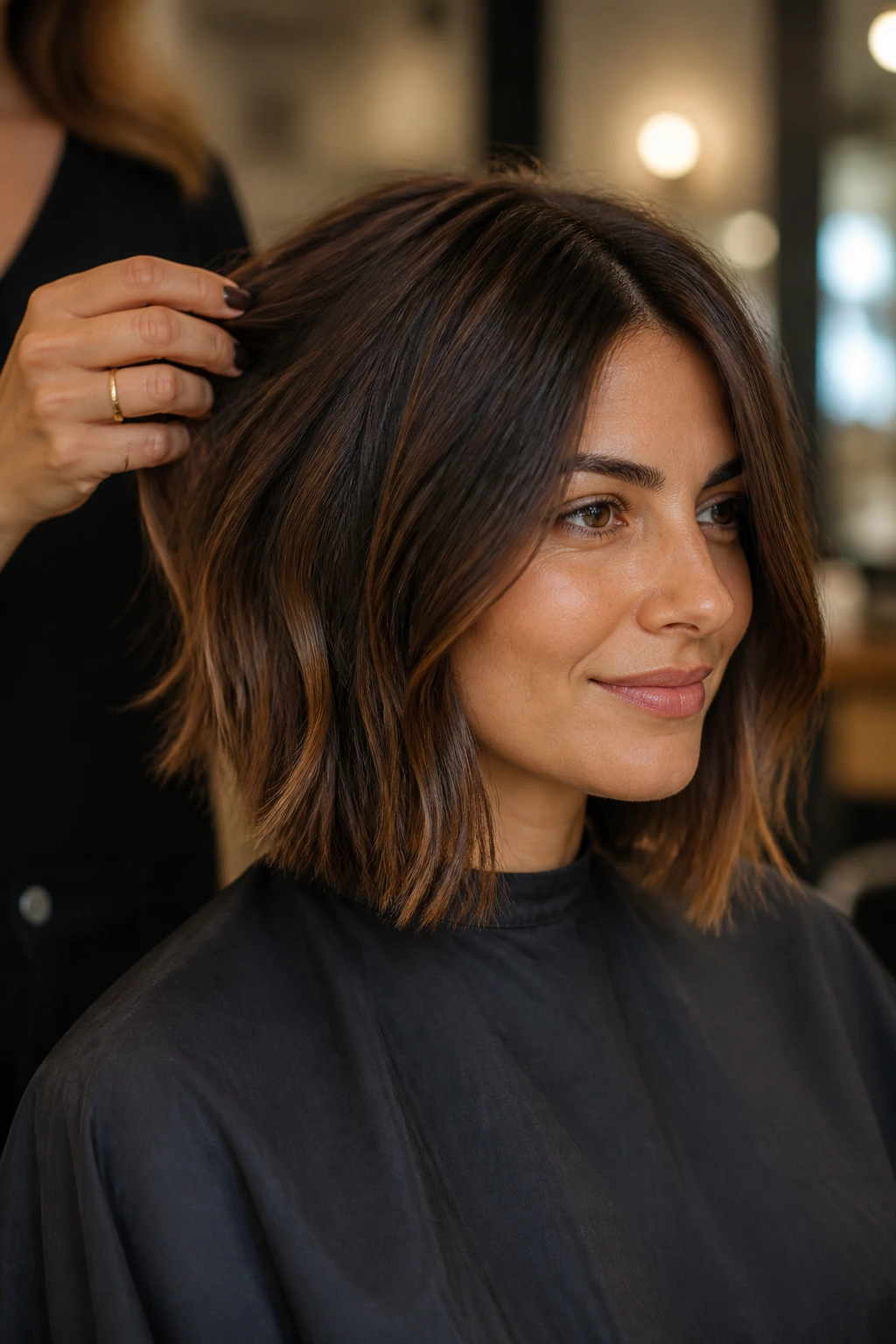 Portrait of a real person in a salon chair discussing a mid-length lob with a stylist.