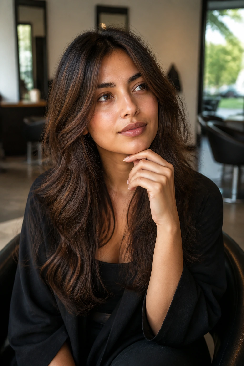 Portrait of a person in a salon chair with thoughtful expression and long textured hair