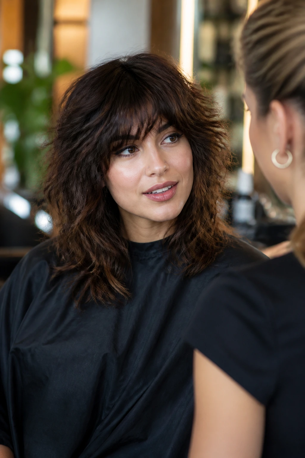 Real client discussing haircut silhouette with stylist in salon.