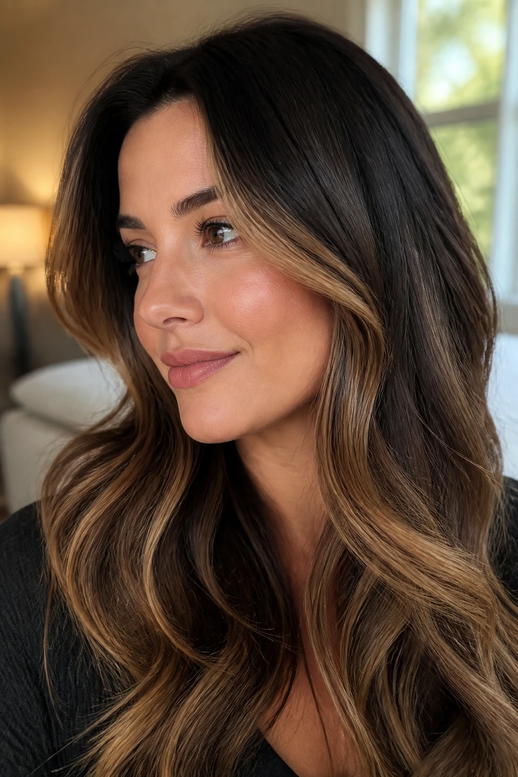 Real woman with contour caramel highlights flattering rounder face