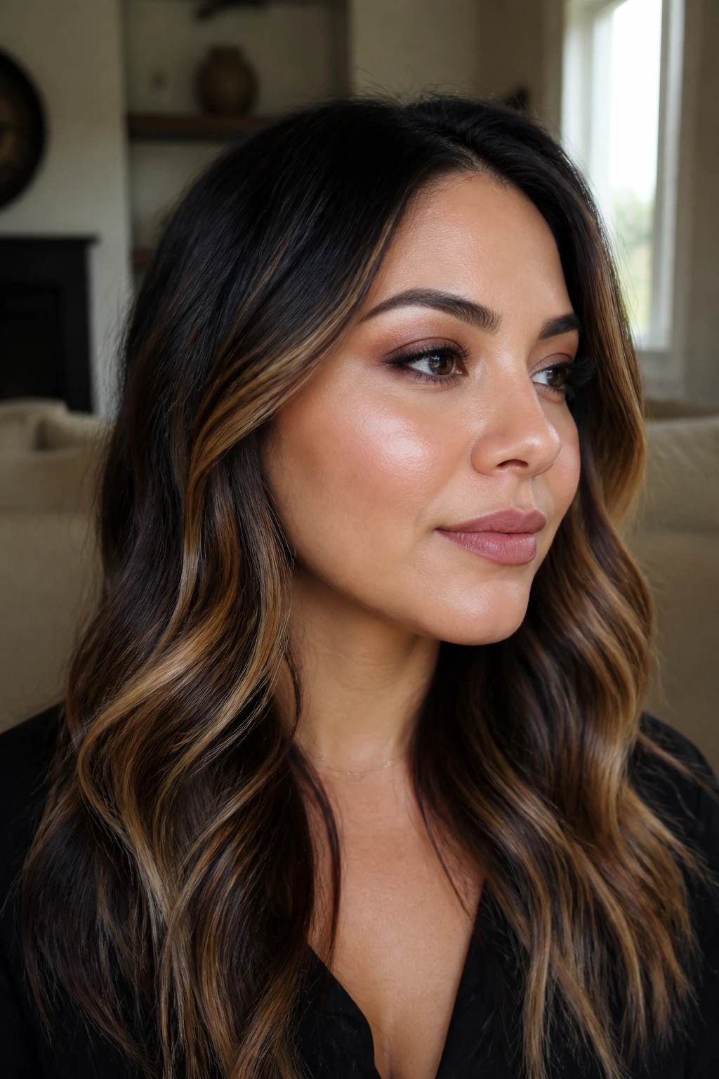 Close-up of a real woman with camel contour highlights along cheekbone and jawline