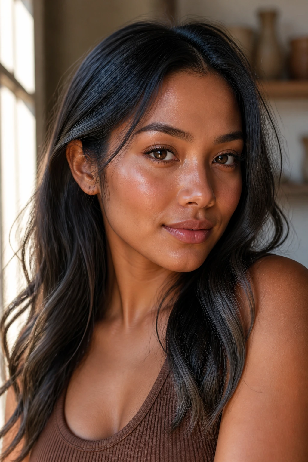 Portrait of a real person with contour ash-black highlights around the cheekbones.