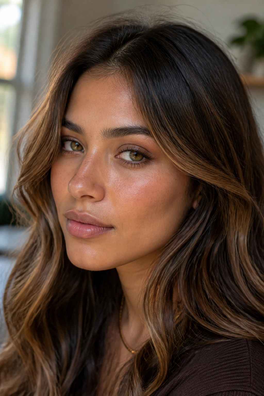 Close-up portrait showing contour chestnut caramel highlights around the cheekbones.