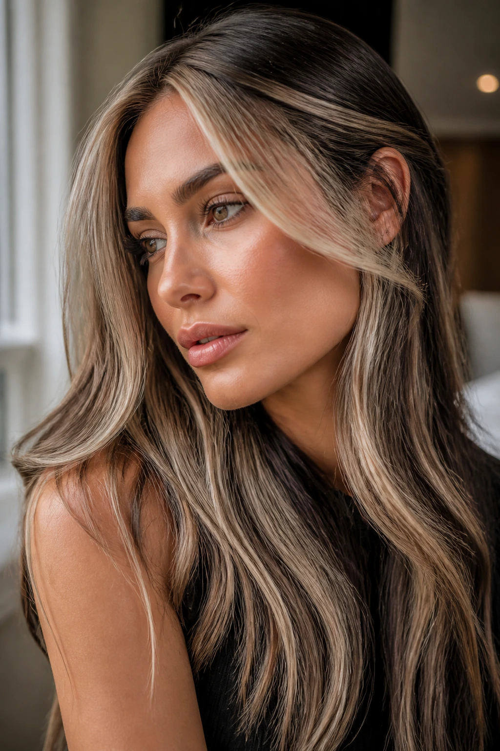 Close-up of real woman with platinum cheekbone contour highlights on brunette hair.
