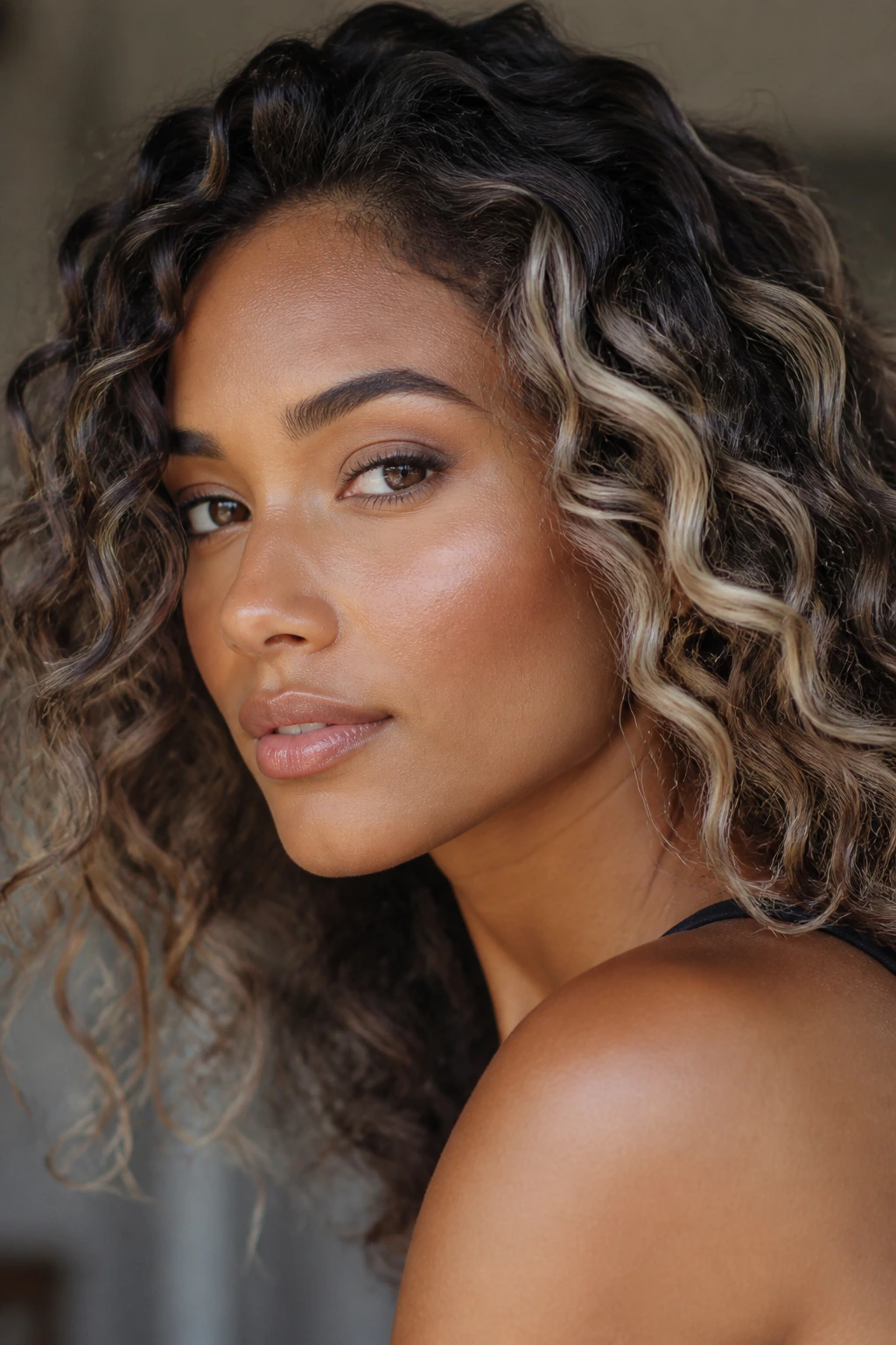 Close-up of curly hair with contour highlights along cheekbones