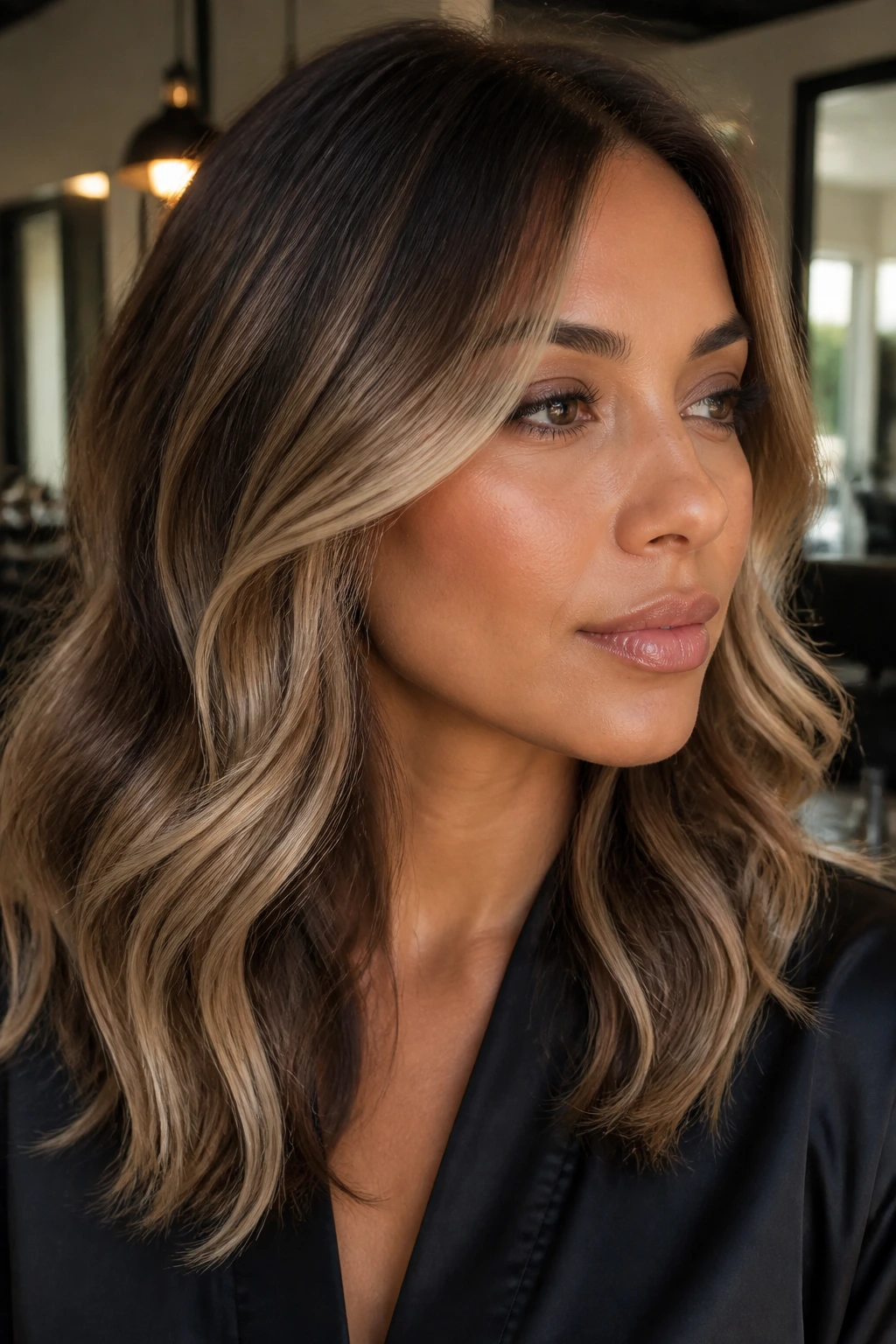 Close-up of a real woman's face showing smoky beige contour highlights at temples and jawline.
