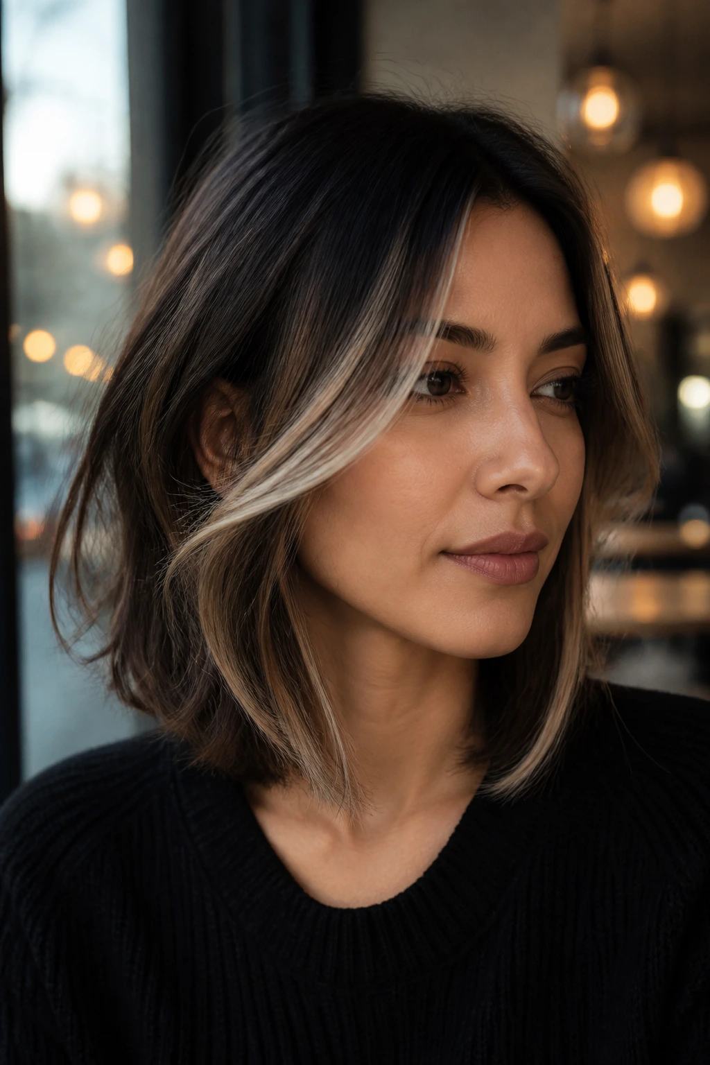 Portrait showing curved contour lights around temples and jaw on dark hair.