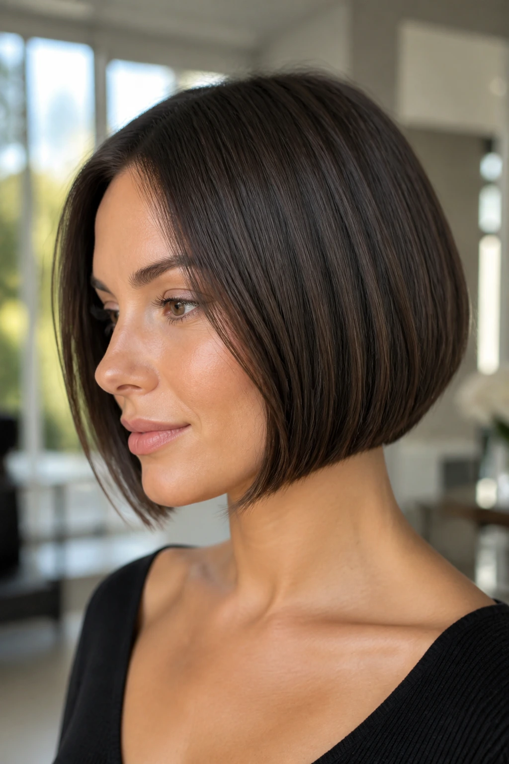 Profile view of a woman with a sharply contoured bob perimeter