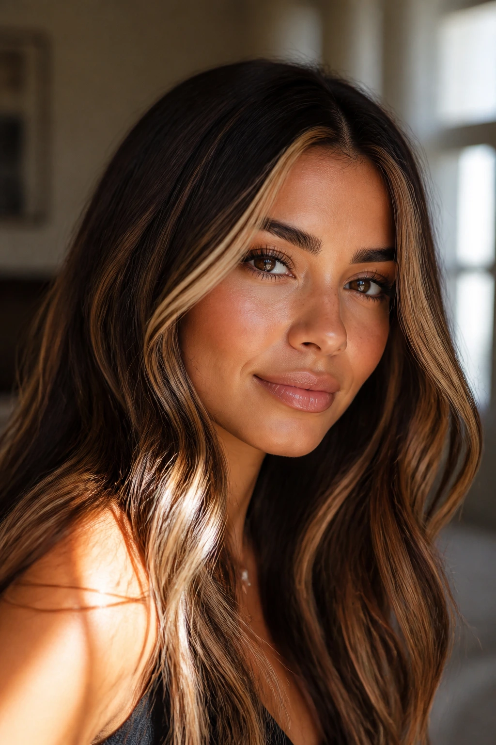 Close-up of contouring balayage with darker roots and light face-framing ribbons