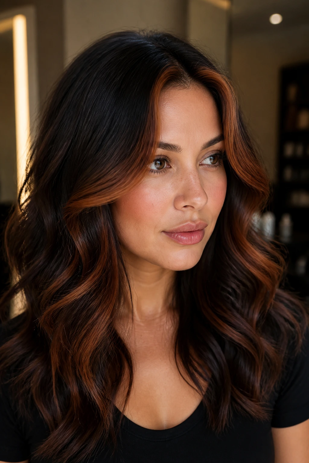 Portrait of a woman showing copper contouring along temples and cheekbones with face-framing waves.