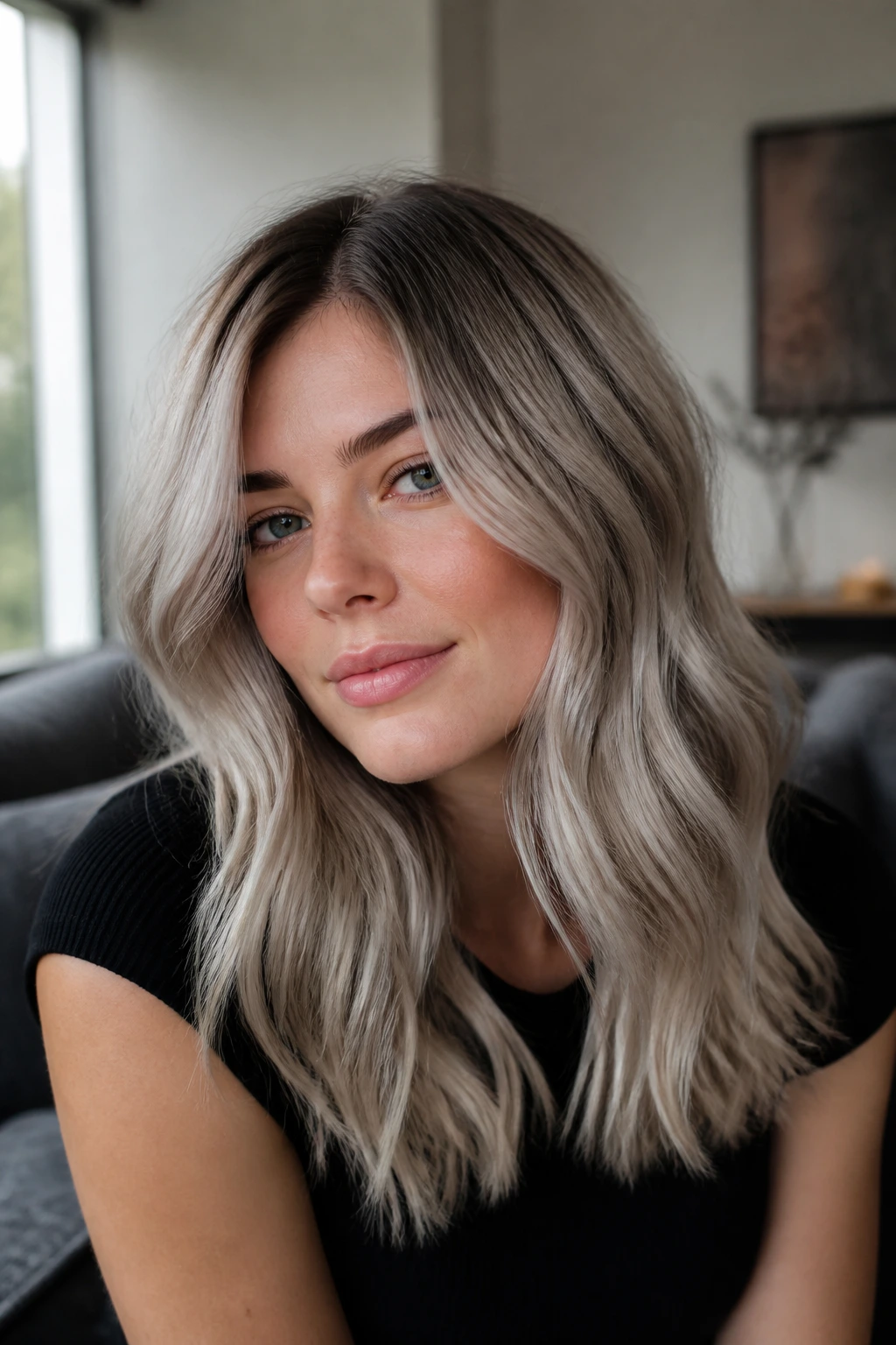 Portrait of cool ash blonde hair with pearl tones in natural light