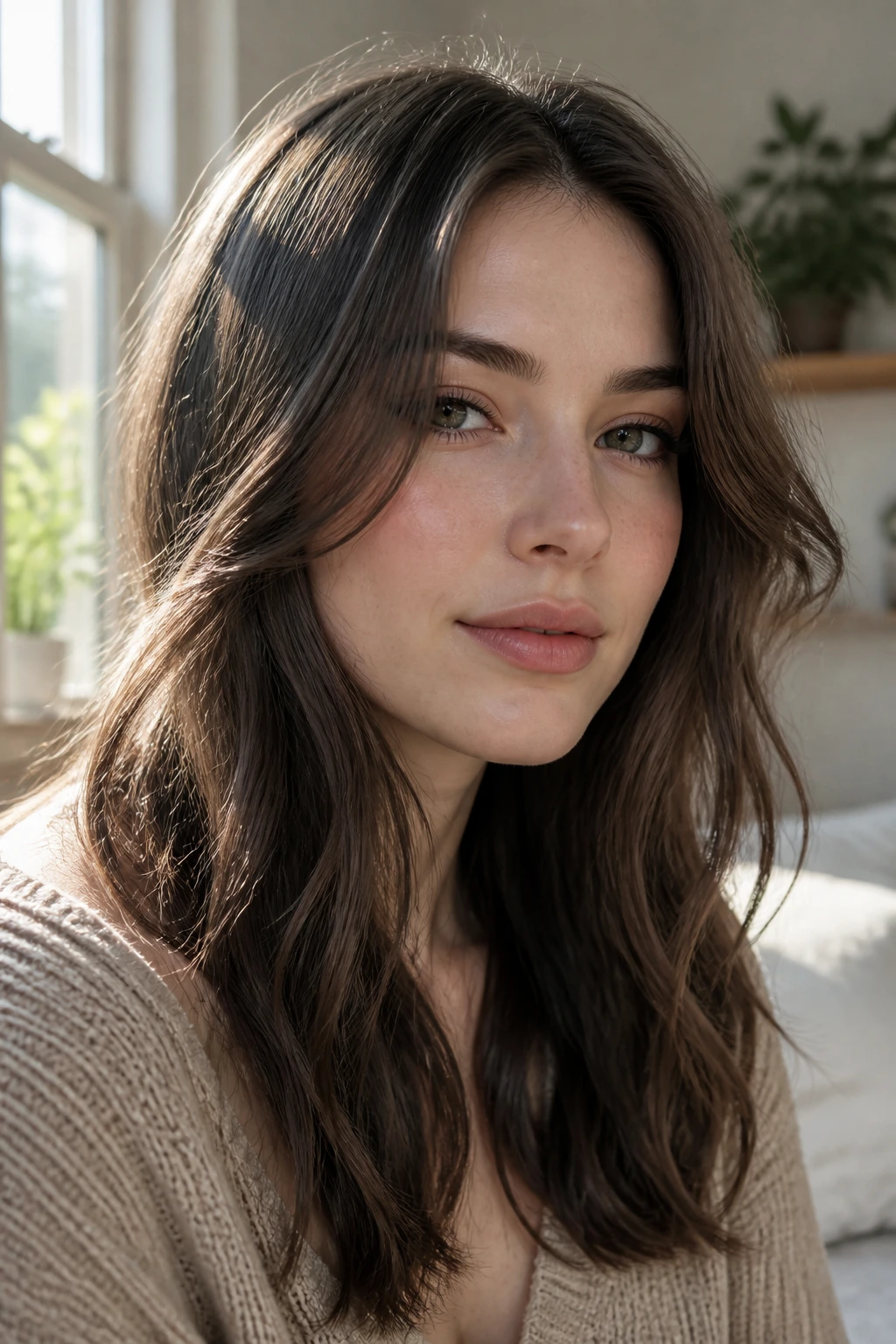 Close-up of real person with soft, cool ash brown hair around the face