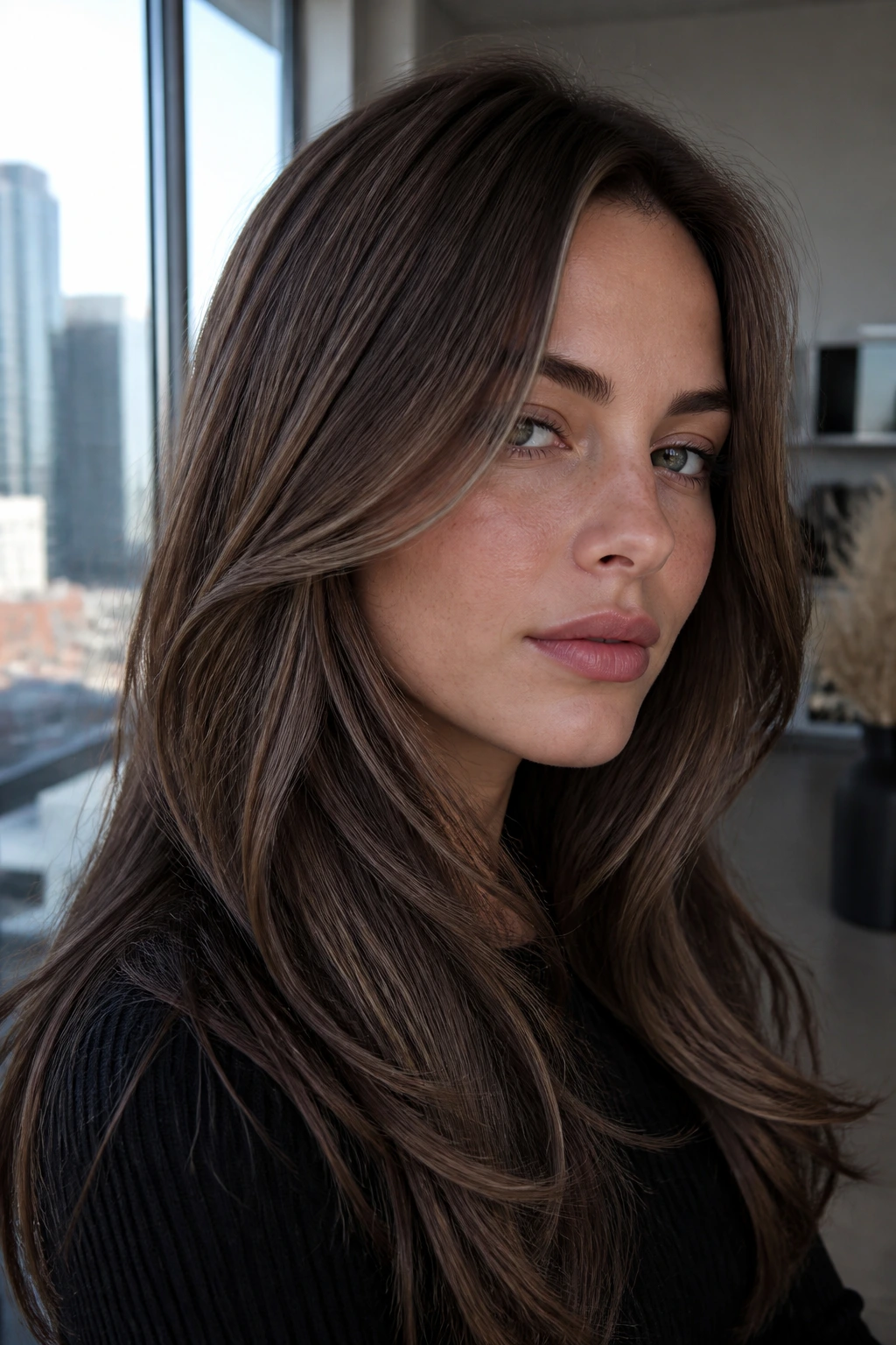 Close-up portrait of a person with cool-toned ash brown hair and smoky undertones.