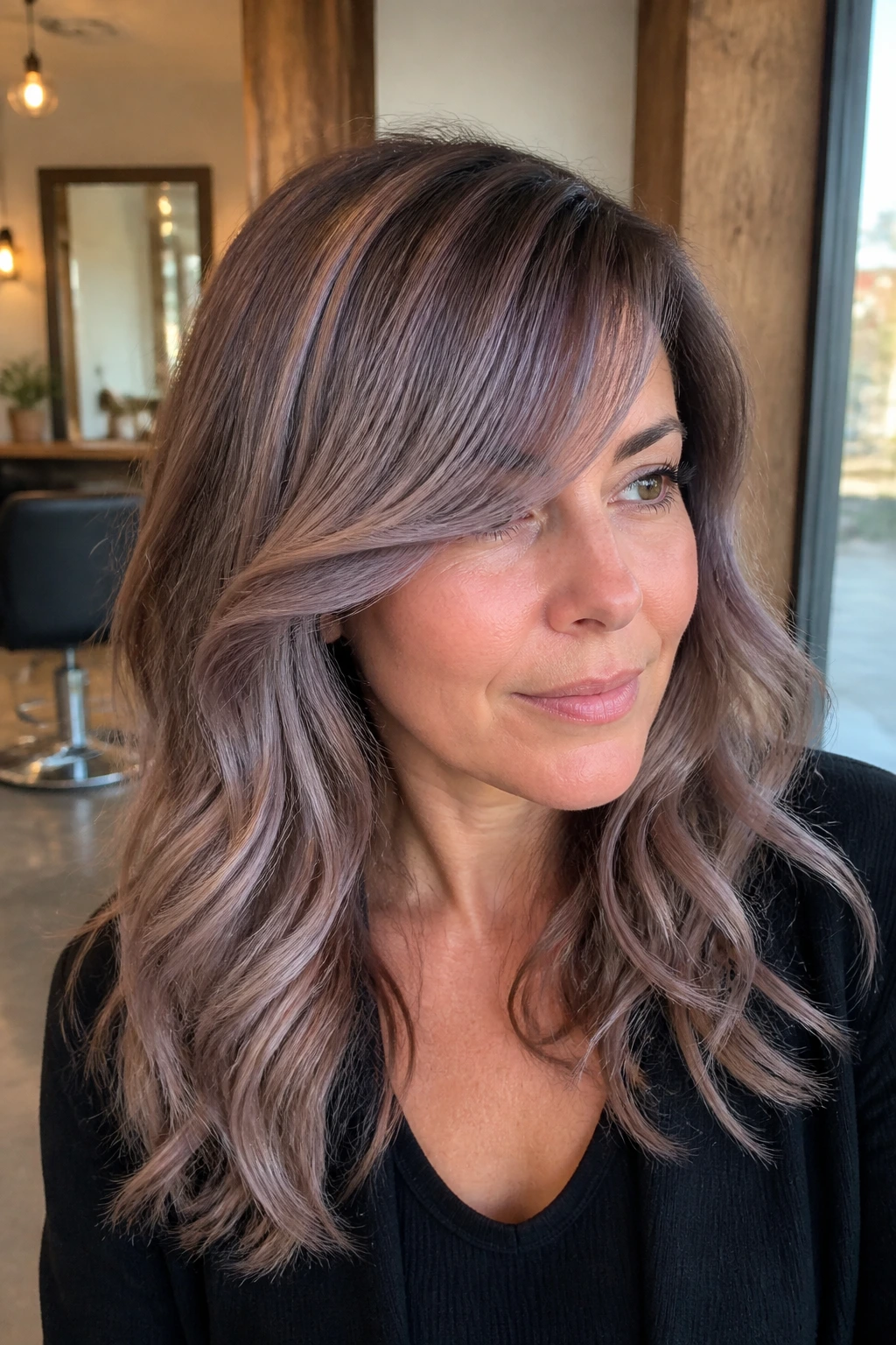 Close-up of a real woman with cool-toned balayage and side-swept bangs in a sunlit salon.