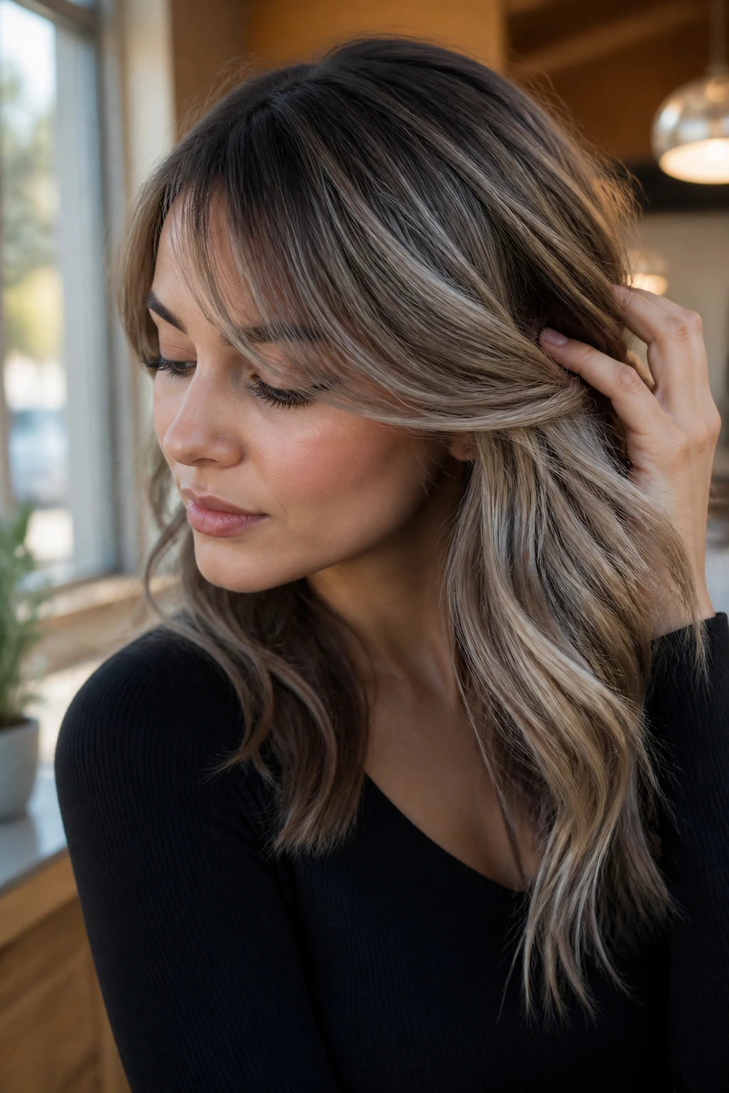 Close-up portrait of a real woman with cool-toned balayage and side-swept bangs in natural window light