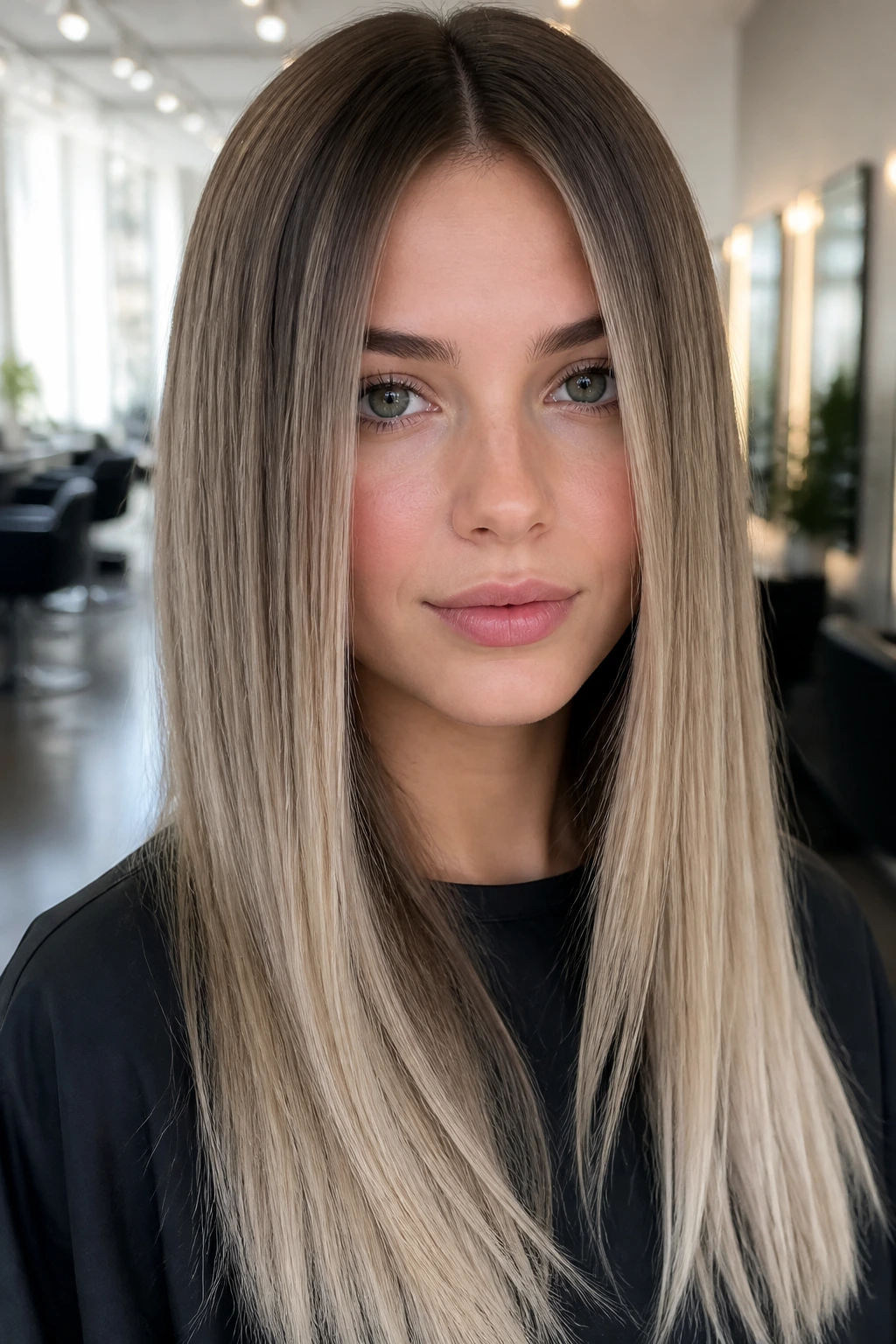 Close-up portrait of a real woman with cool beige balayage on straight hair in a modern salon
