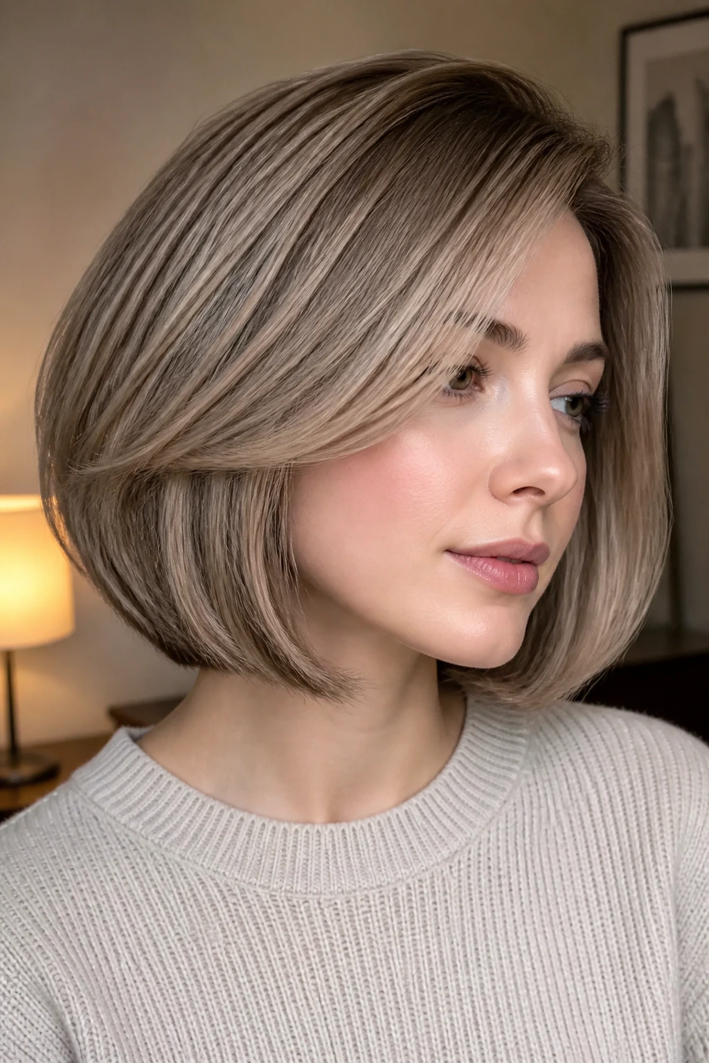 Real woman with cool beige bob and hidden lowlights.