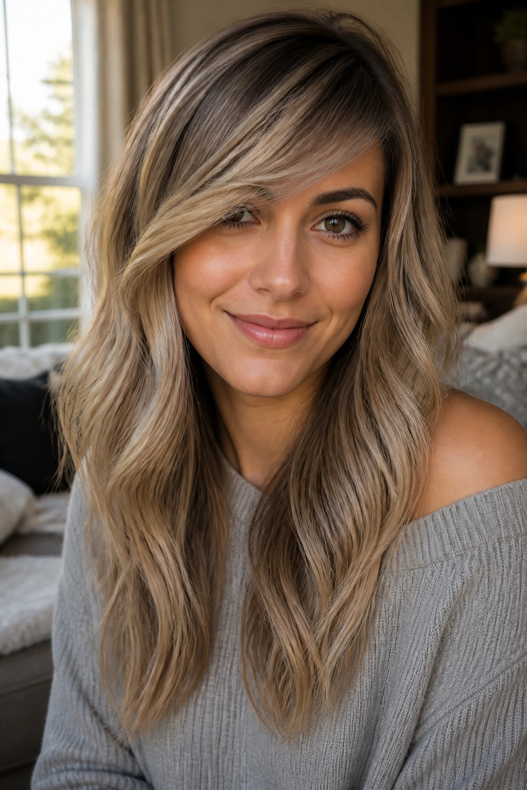 Close-up of a real woman with cool beige bronde balayage and side-swept bangs.