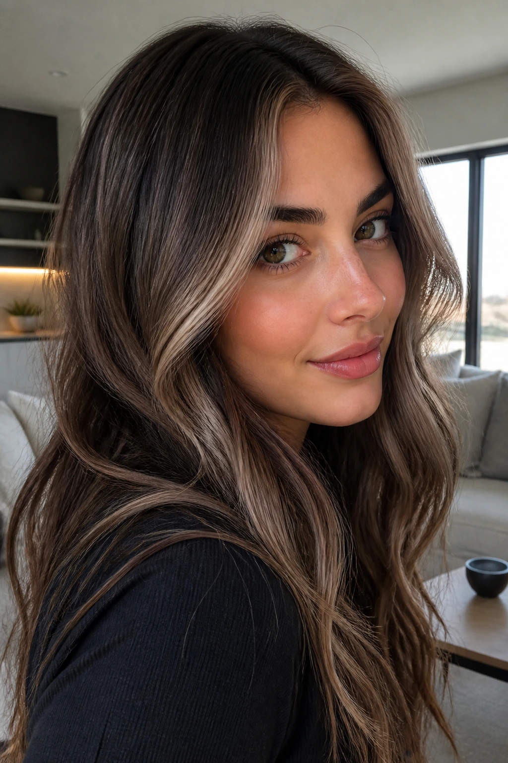 Portrait of a real woman with cool beige brunette frame around the front hairline