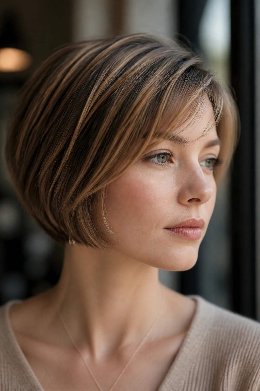 Close-up portrait of a real woman with cool-beige caramel highlights on a short bob or pixie