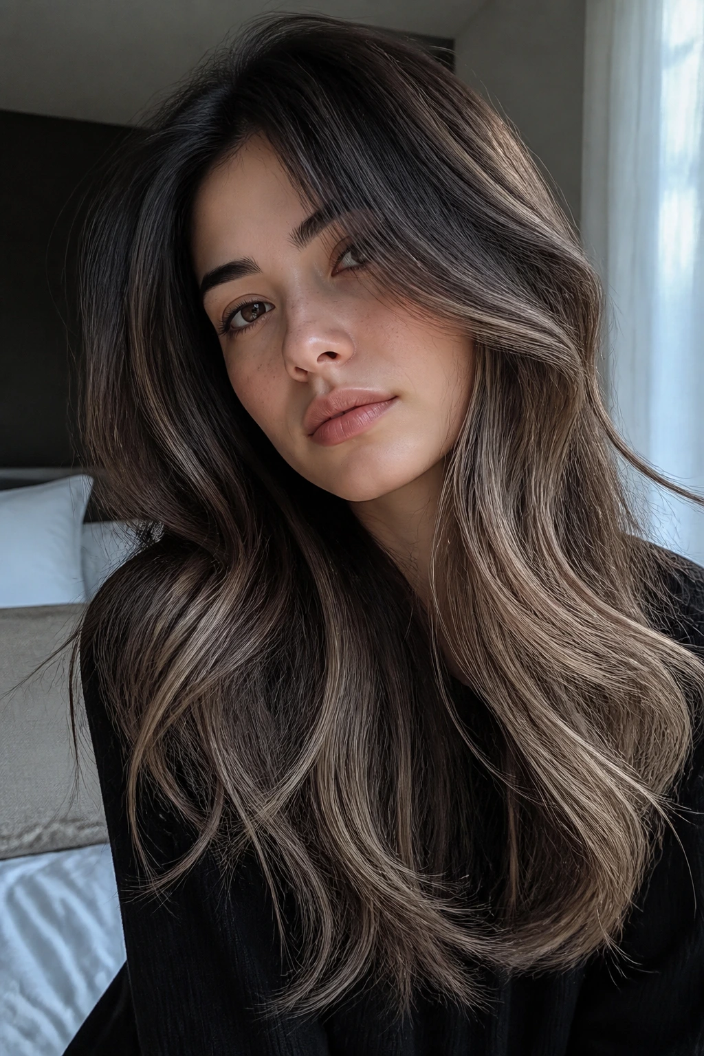 Close-up portrait of a real woman with cool beige-gray greige balayage