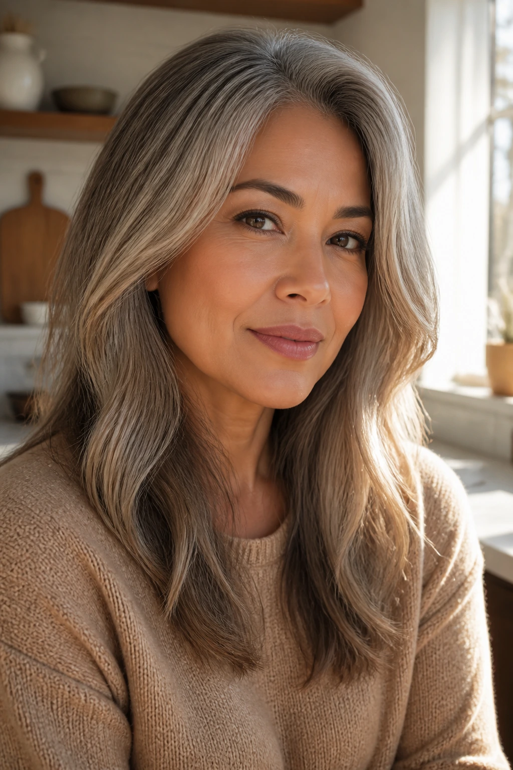 Cool beige grey hair on a real person with ash-beige tones