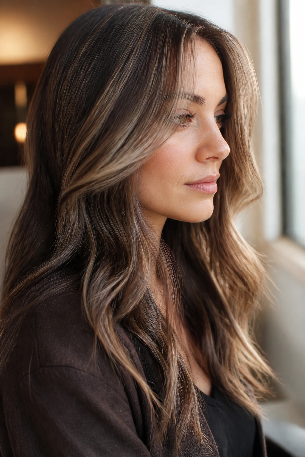 Brunette with cool beige half-head highlights close-up portrait.