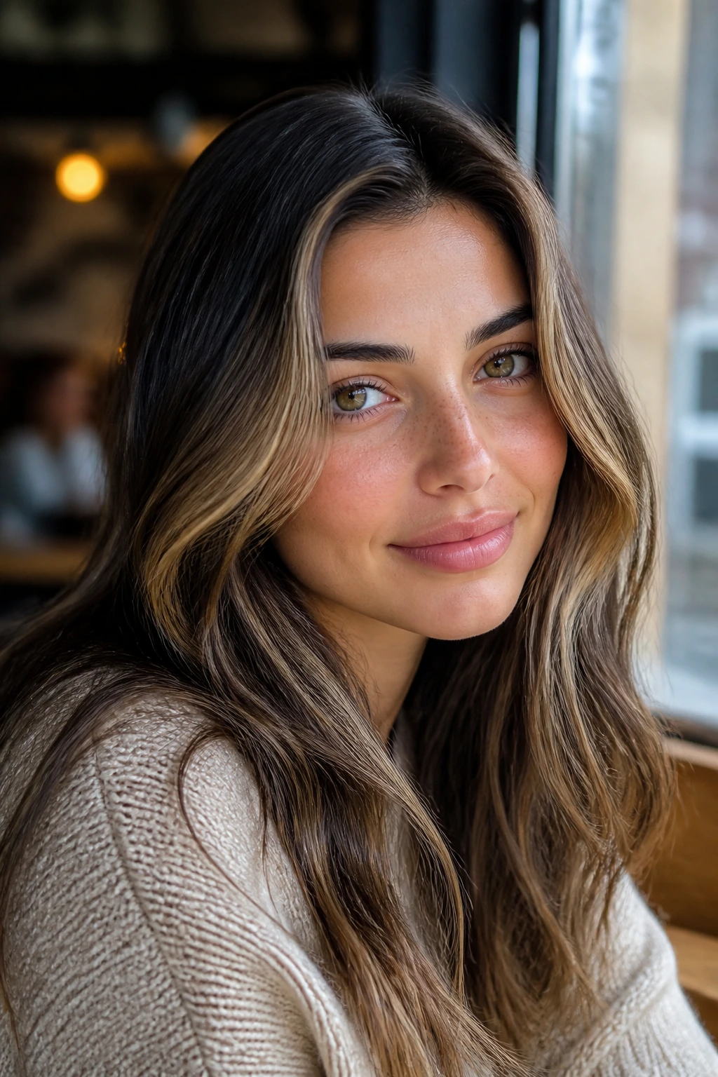 Close-up of brunette hair with cool beige highlights framing the face