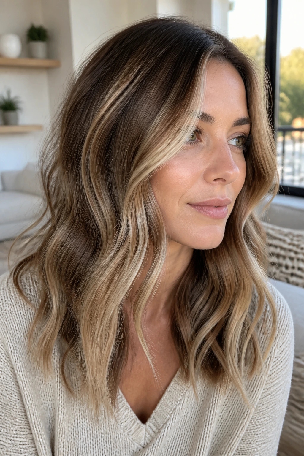 Close-up of cool beige honey waves framing the face