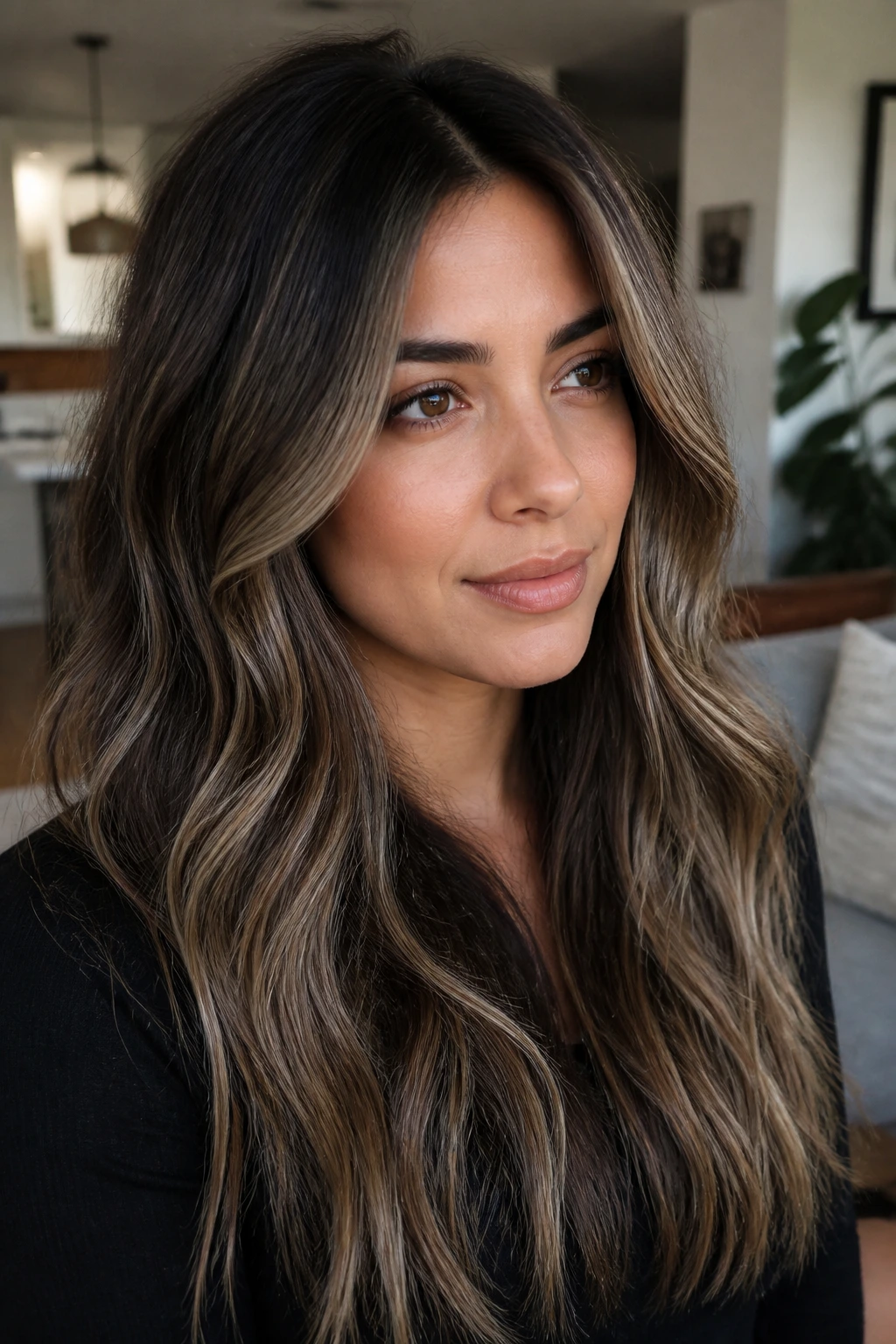 Close-up portrait of a real woman with cool beige mushroom melt on thick hair