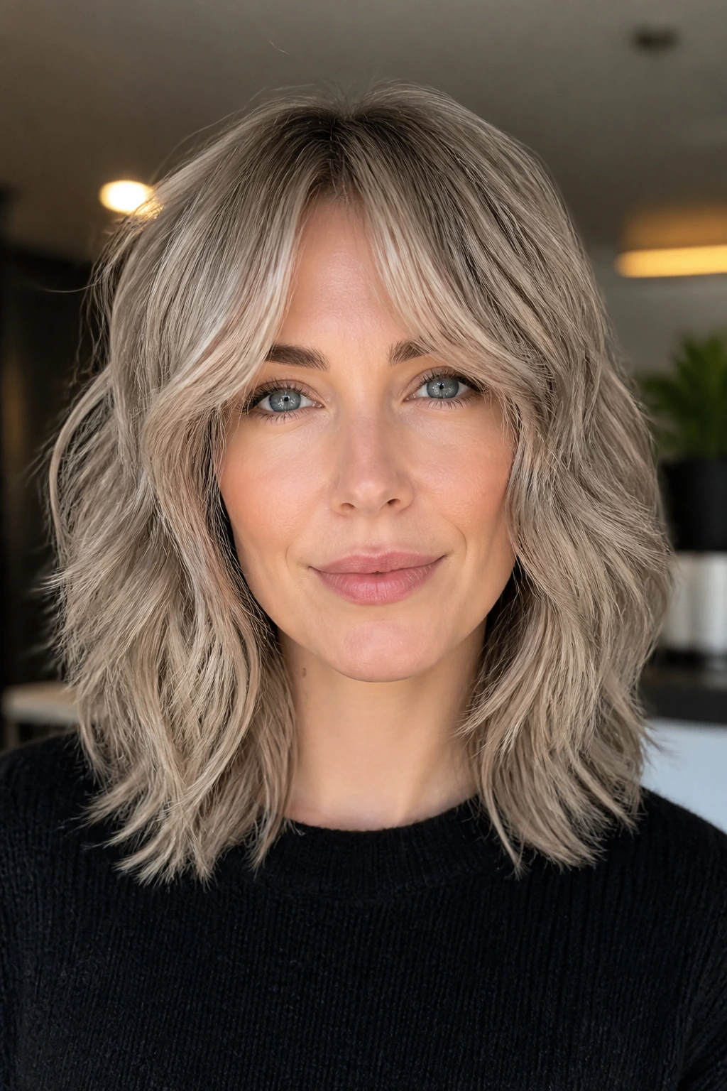 Close-up of a woman with cool beige shag and curtain bangs.